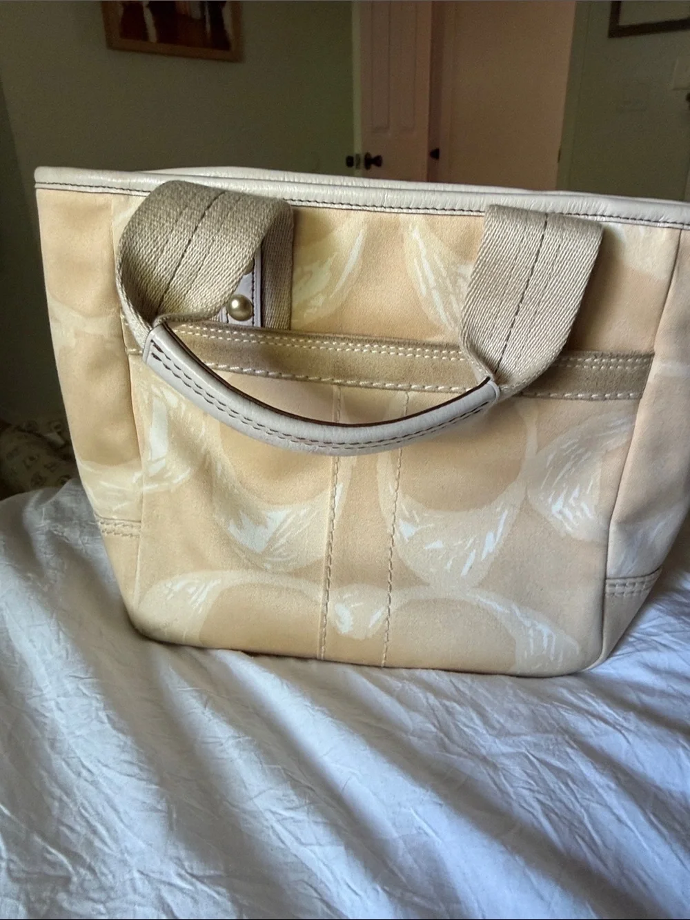Coach Beige Floral Jacquard Tote with Leather Tag